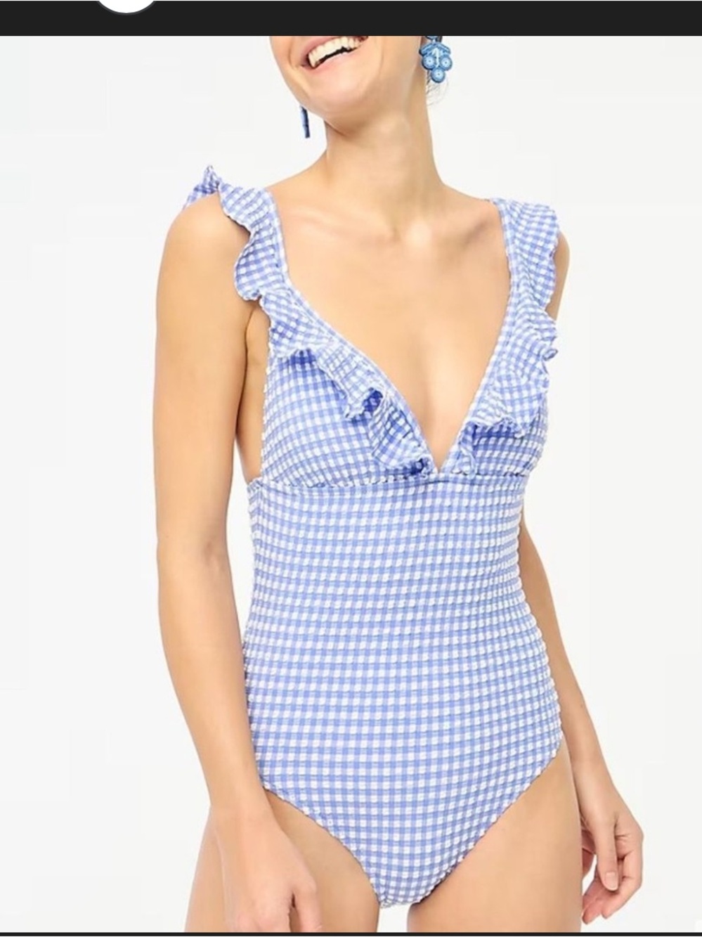 Seersucker Ruffle-shoulder V-neck one-piece swimsuit size small